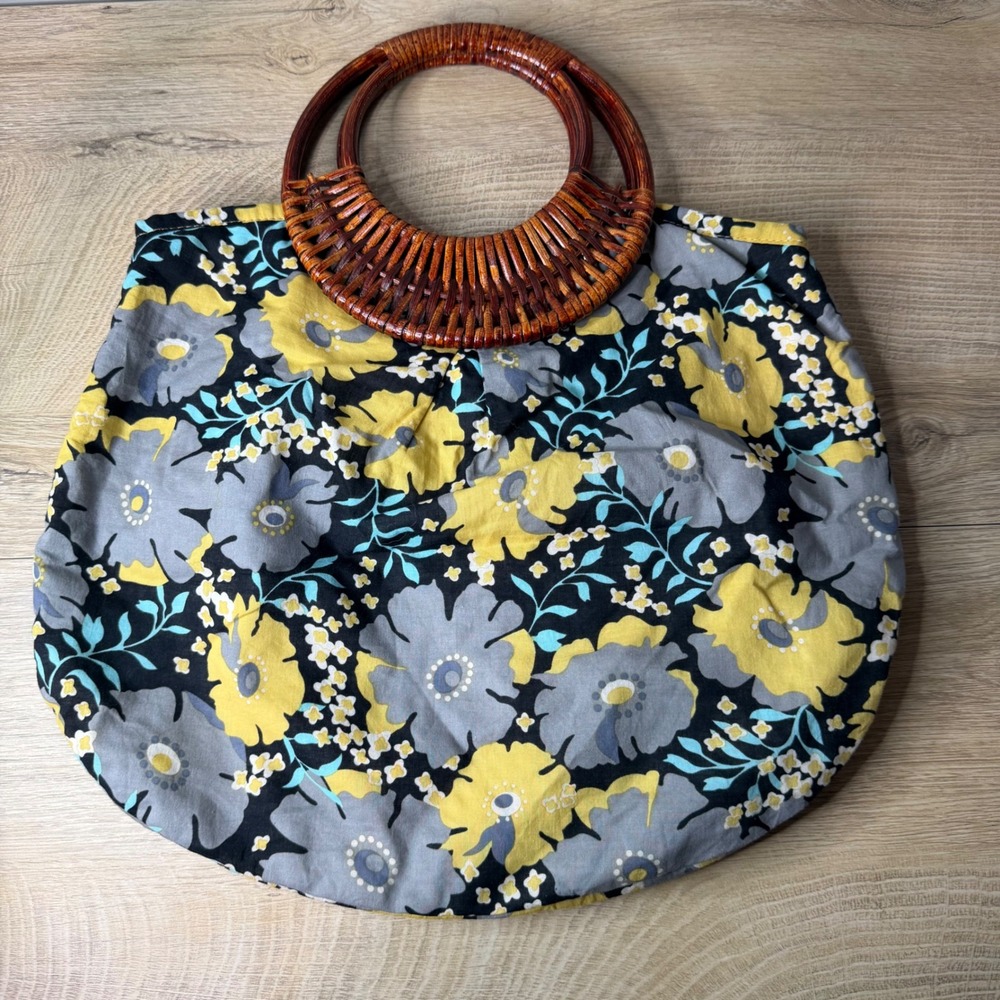 Amici Accessories Floral‎ Handbag Bamboo Circle Handle Tote Vintage Boho Retro